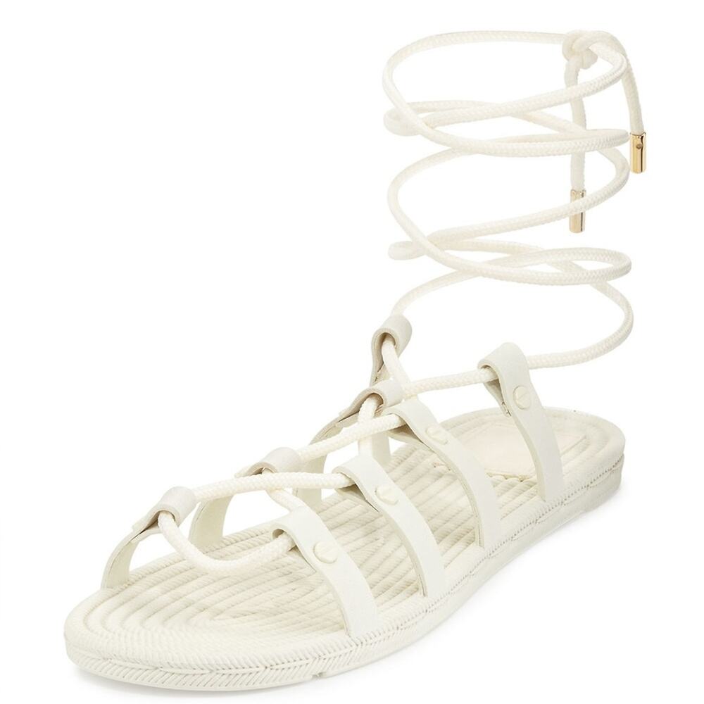 Tory Burch Lace Up Gladiator Rope Strappy Ankle Wrap Flat Sandals Off White - Picture 1 of 10